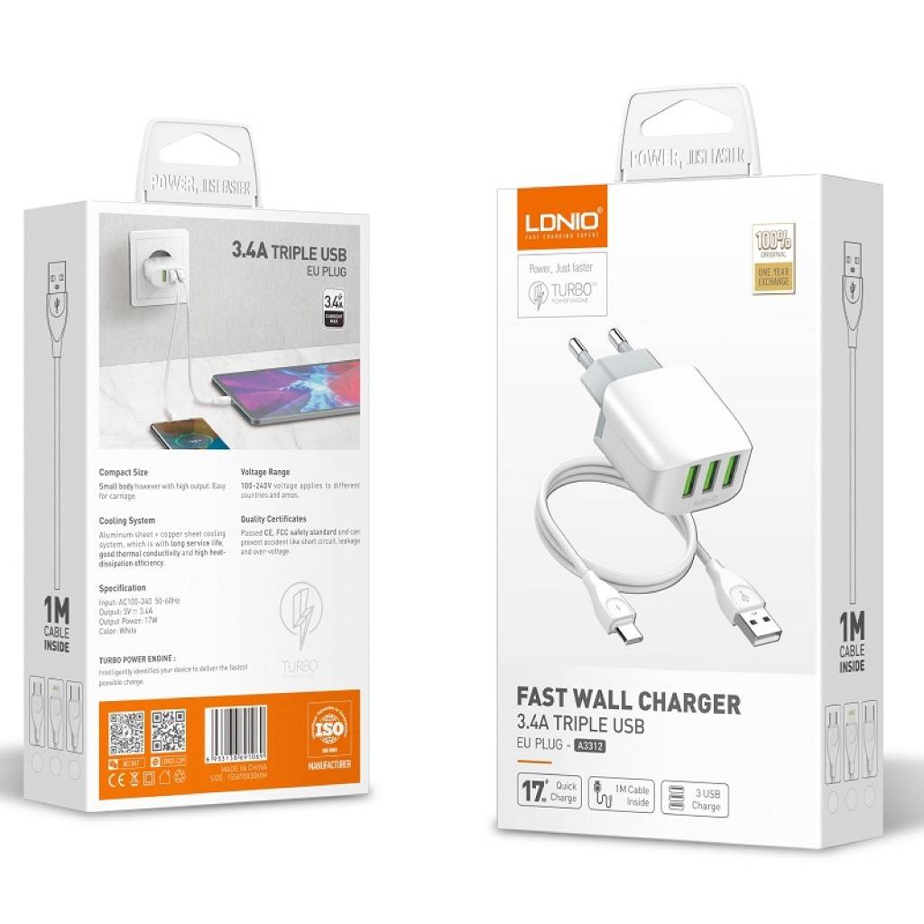Cargador Pared 3.4A 3 USB 17W Tipo C Blanco LDNIO A3312