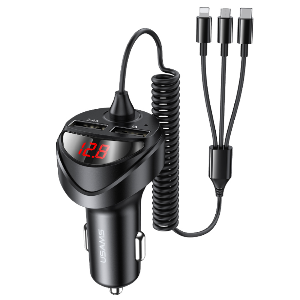 Cargador Auto C22 2 USB/3 4A 3 en 1 Micro/Tipo C/Lightning Negro USAMS CC119