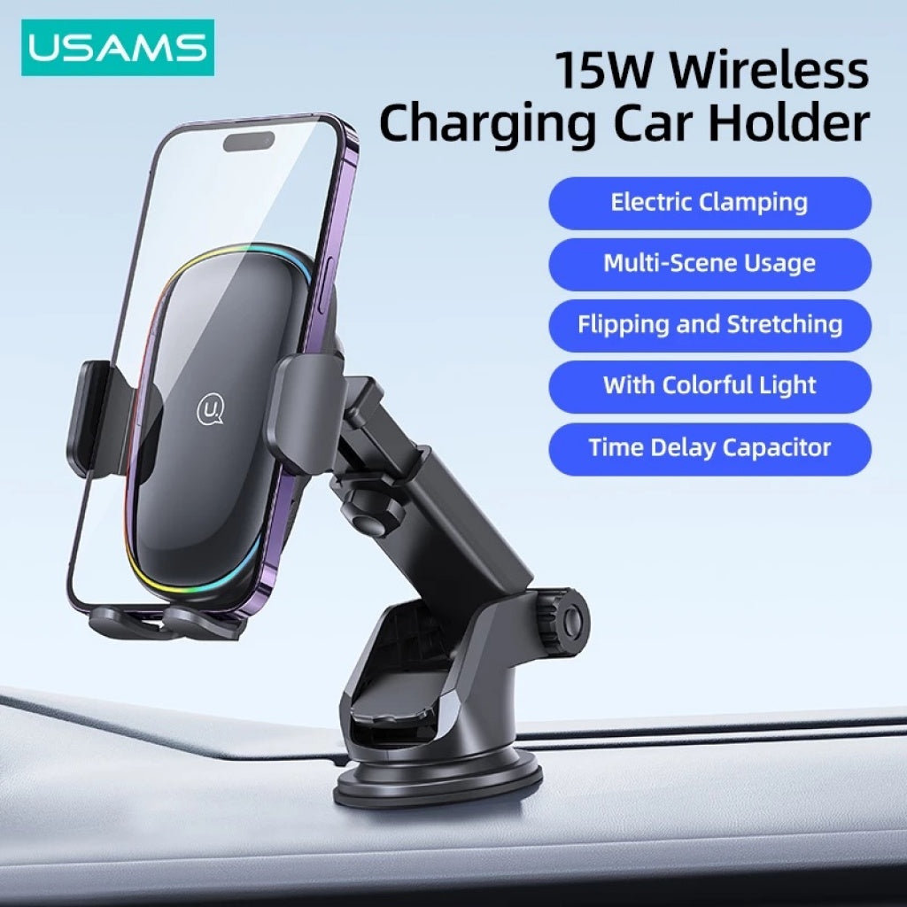 Cargador Inalámbrico Auto 15W USAMS CD187 - Con Ventosa y Luces de Colores