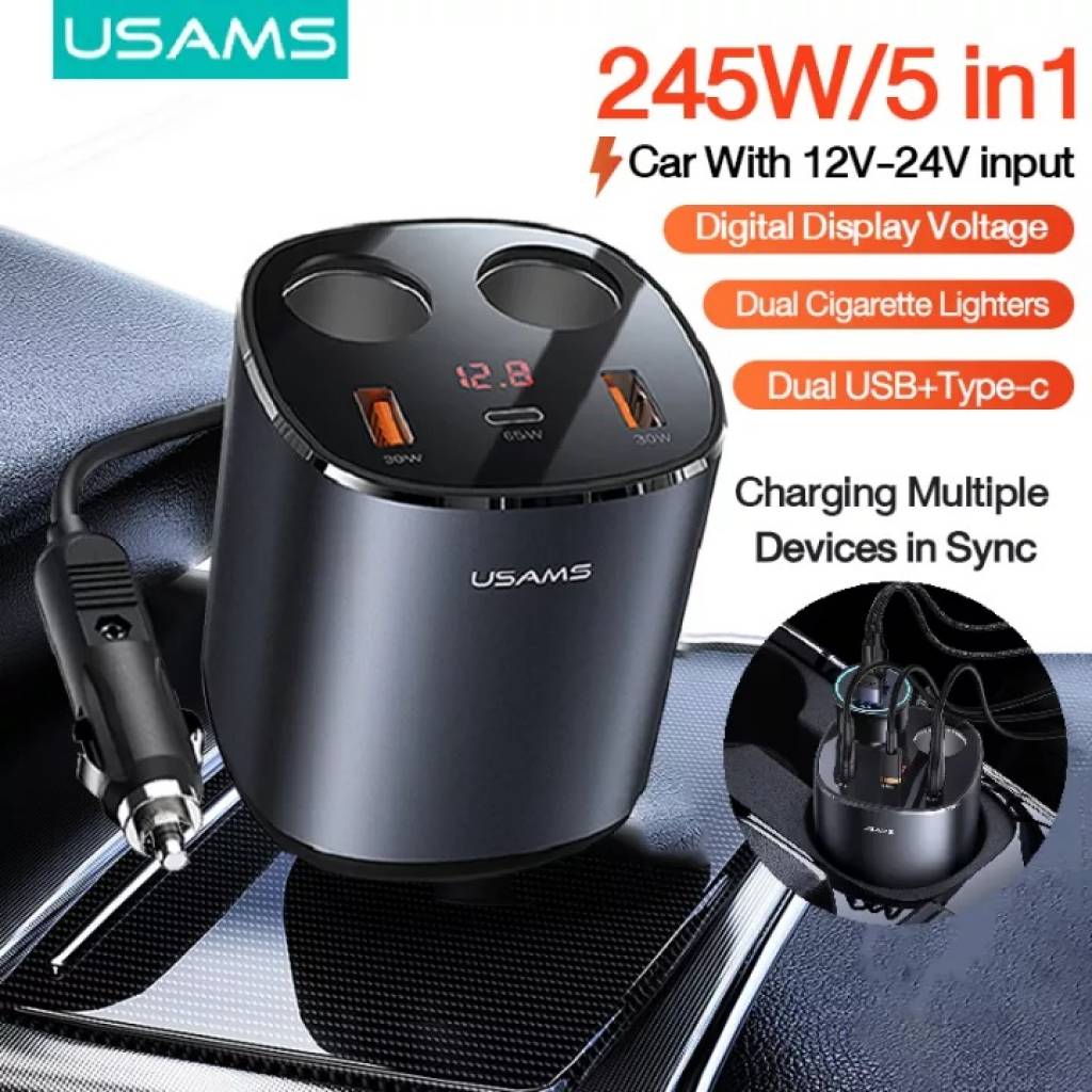 Cargador Auto CC151 245W Dual USB A + USB-C Negro USAMS