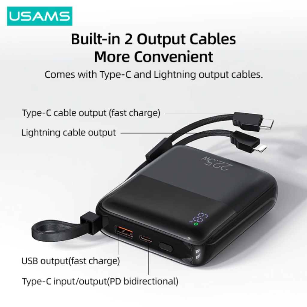 Power Bank 10.000mAh USAMS CD186 - Carga Rápida con LCD y Cordón