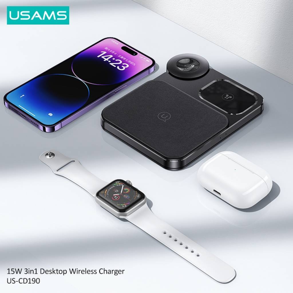 Cargador Inalámbrico 15W 3 en 1 USAMS CD190 - Carga Rápida y Versatilidad