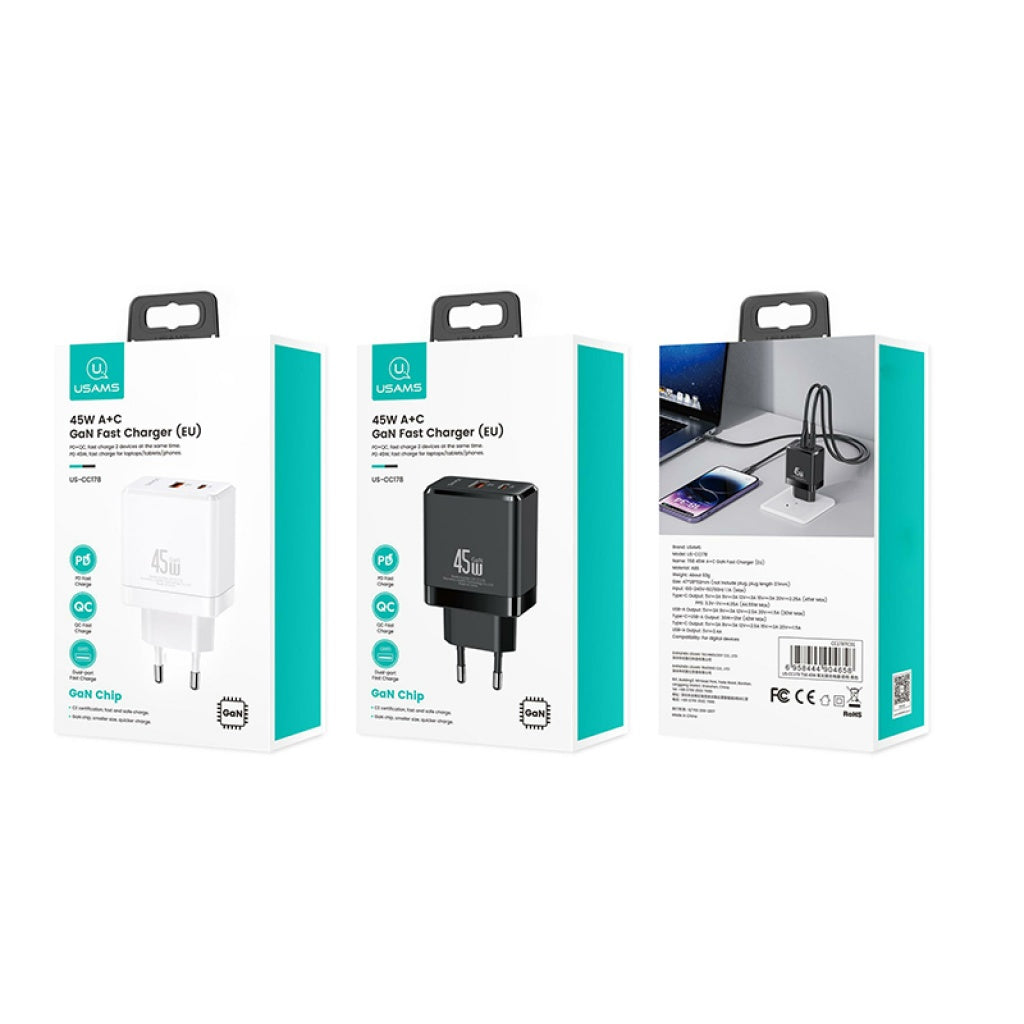 Cargador de viaje T58 45W USB A + USB C GaN USAMS CC178