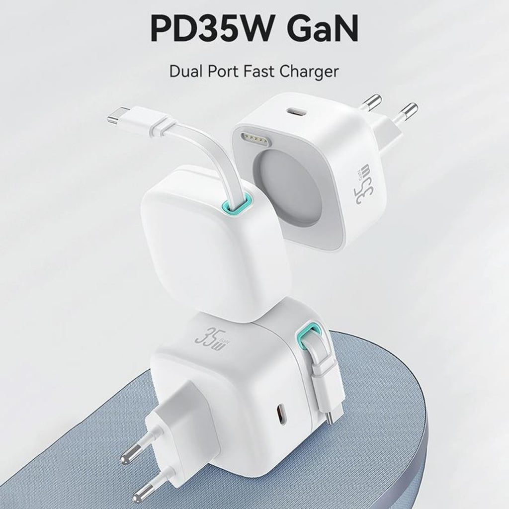 Cargador USAMS CC202 35W con Cable Retráctil Tipo C Magnético y Doble Puerto GaN