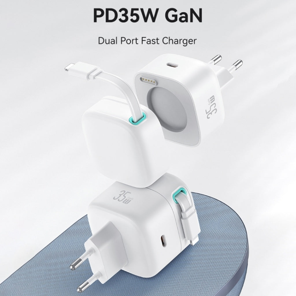 Cargador USAMS CC209 35W con Cable Retráctil Lightning Magnético y Doble Puerto GaN