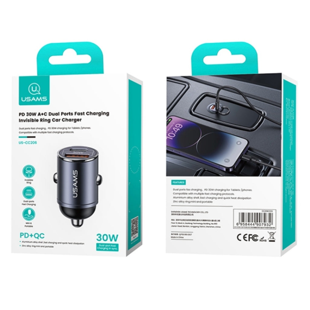 Cargador Auto C38 30W USB A + USB C C/Anillo Negro USAMS CC206
