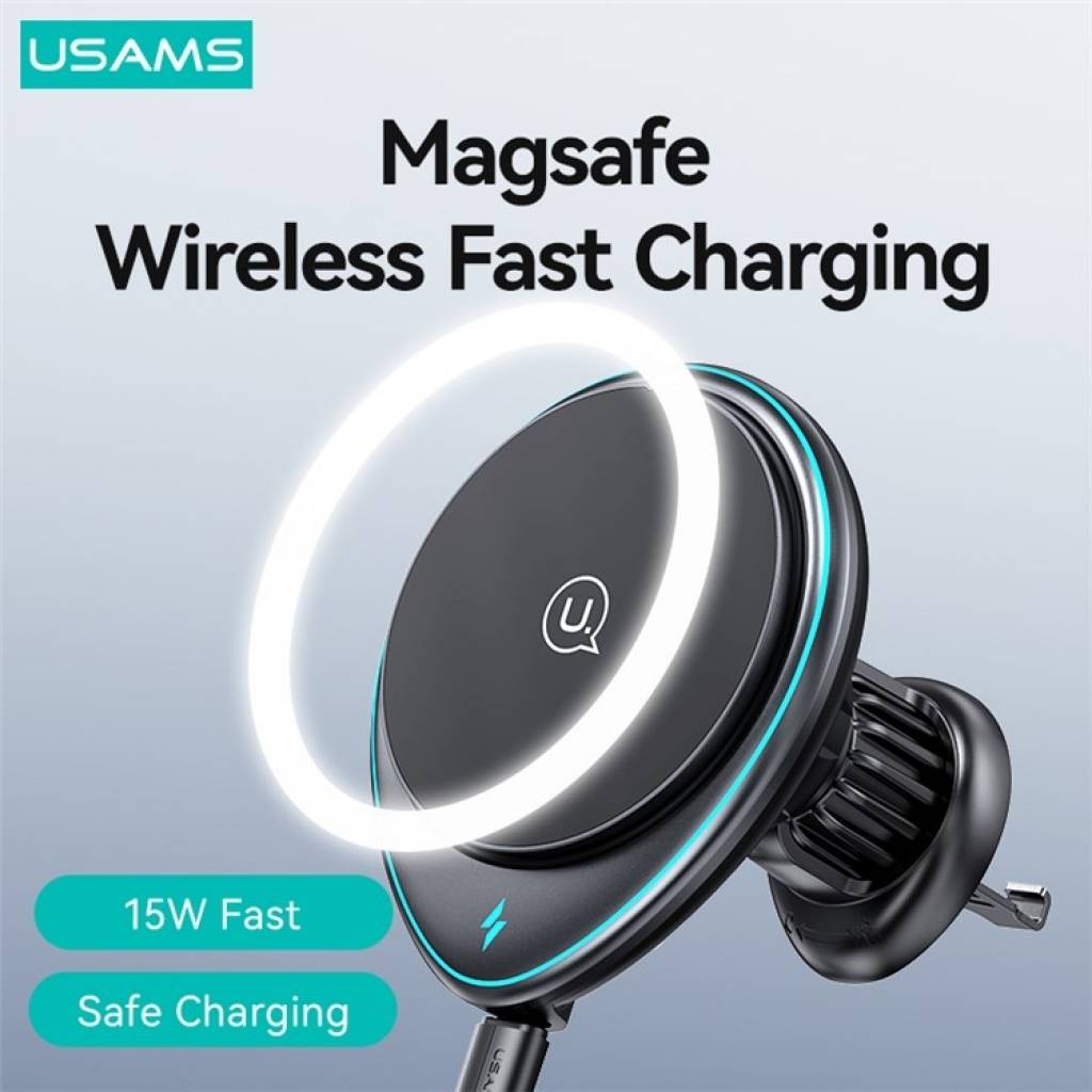 Cargador Auto Magnético 15W Inalámbrico Con soporte para Ventilación y luz Negro USAMS CD222