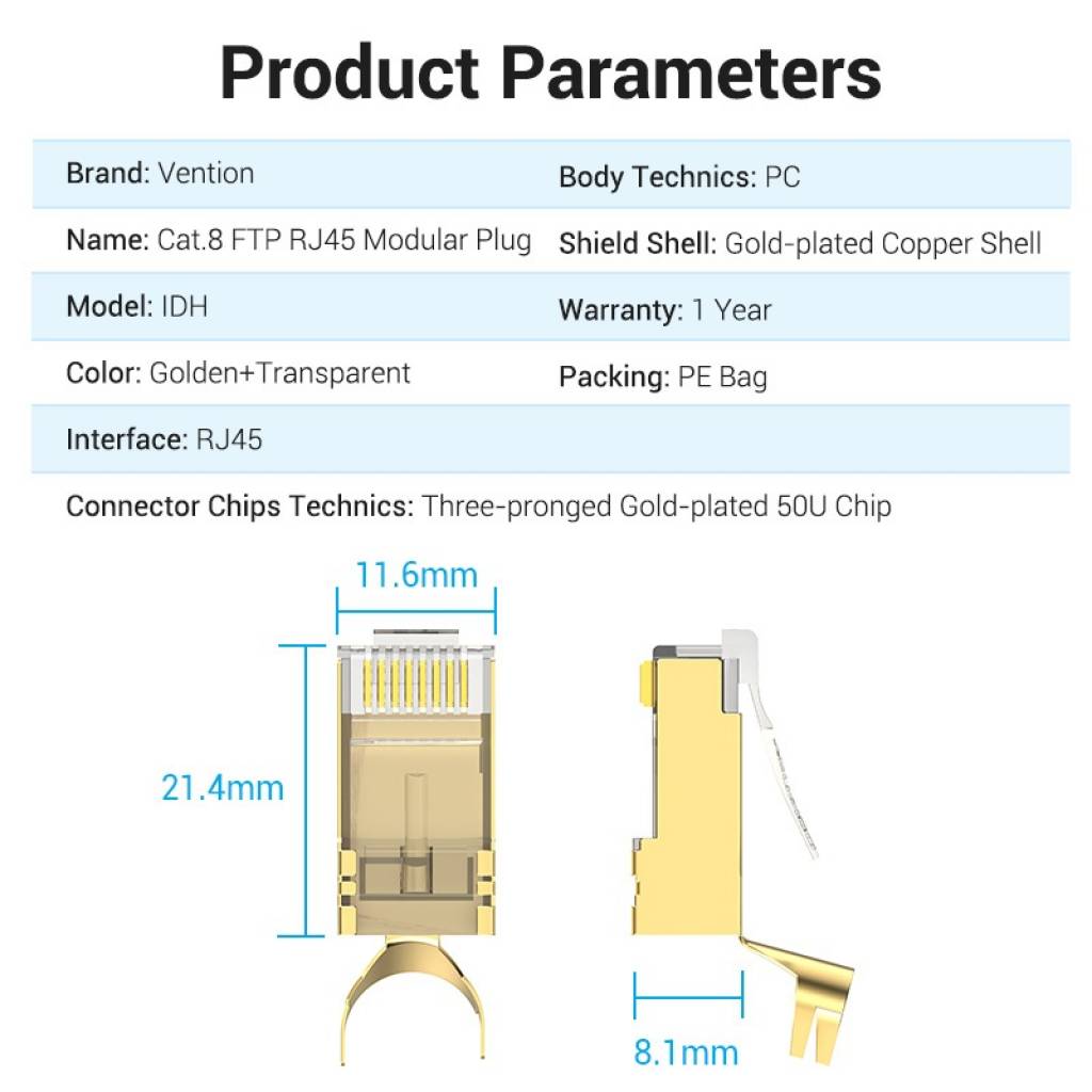 Plug RJ45 Blindado Cat.8 FTP / 2 Unidades / Dorado IDHR0-2 Vention