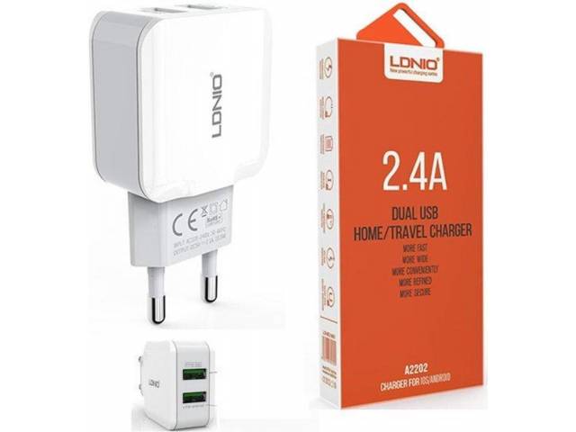 Cargador Pared 2.4A 12W 2 Smart IC Sin Cable Blanco LDNIO A2202