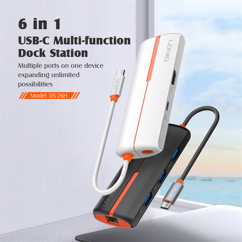 Expansión HUB 6 en 1 Tipo C USB C + HDMI + 3 USB 3.0 + RJ45 Ethernet LDNIO DS-26H