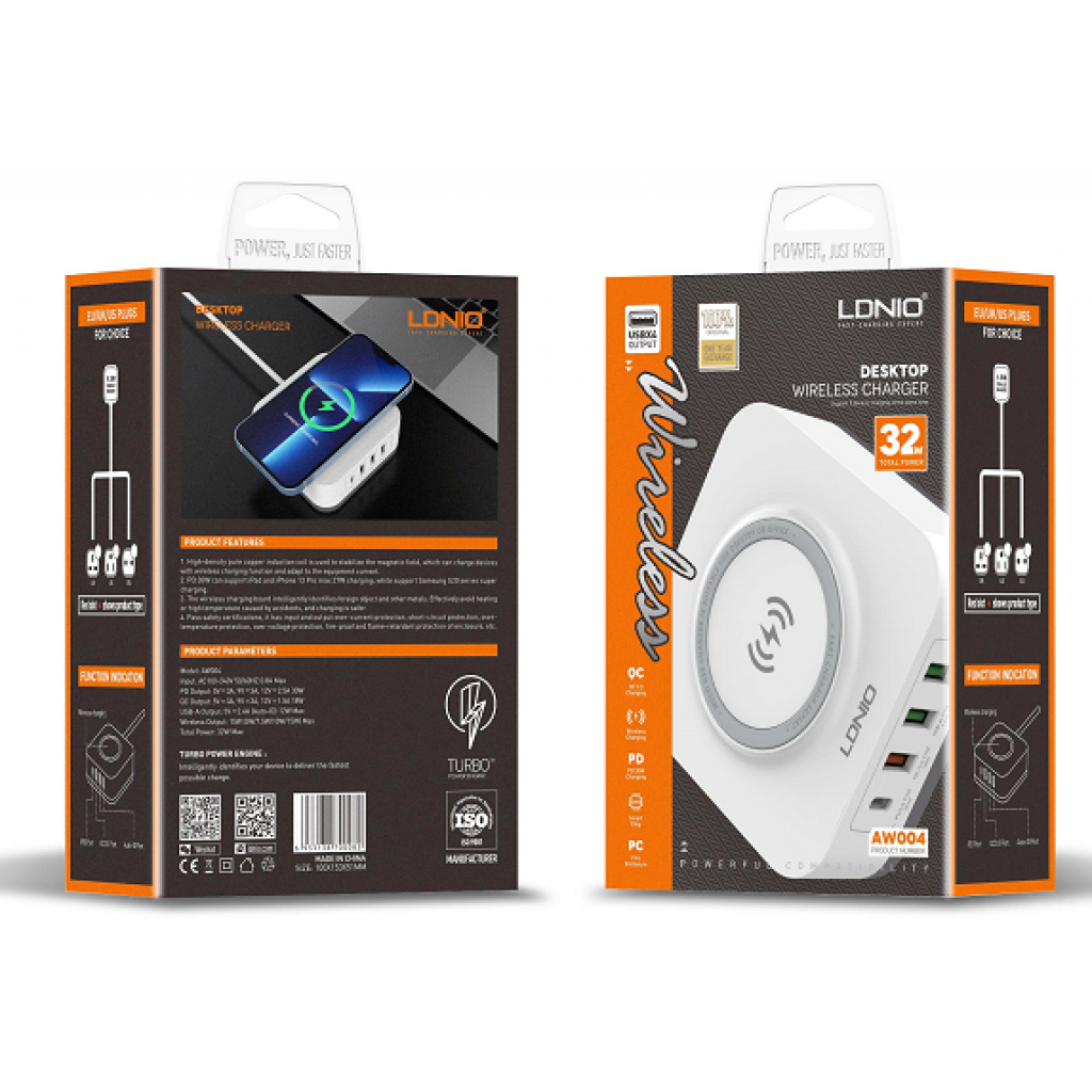 Cargador Pared Inalámbrico 32W PD (30W)/QC3.0 (18W)/2 USB-A LDNIO
