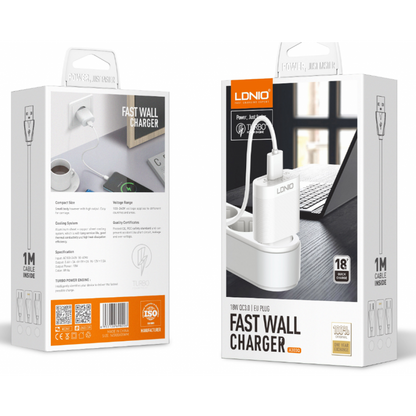 Cargador Pared 18W 1USB QC3.0 Carga Rápida Blanco Tipo C LDNIO A303Q