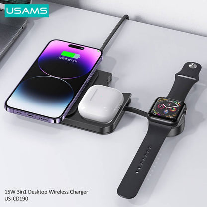 Cargador Inalámbrico 15W 3 en 1 USAMS CD190 - Carga Rápida y Versatilidad