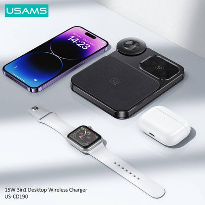 Cargador Inalámbrico 15W 3 en 1 USAMS CD190 - Carga Rápida y Versatilidad