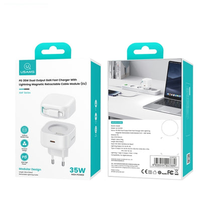 Cargador USAMS CC209 35W con Cable Retráctil Lightning Magnético y Doble Puerto GaN