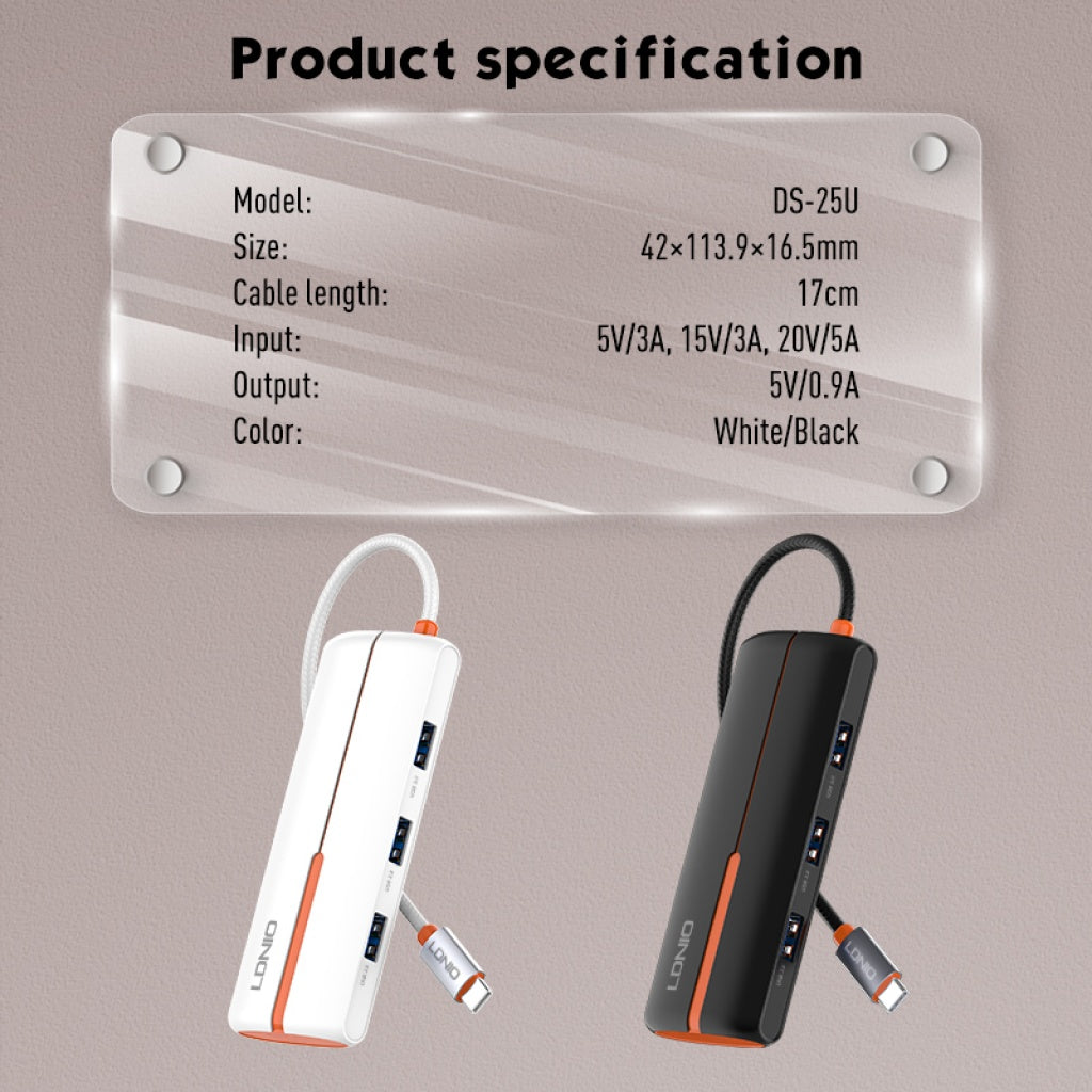 HUB Expansión 5 en 1 Tipo C USB C + USB 2.0 + 3 USB 3.0 LDNIO DS-25U