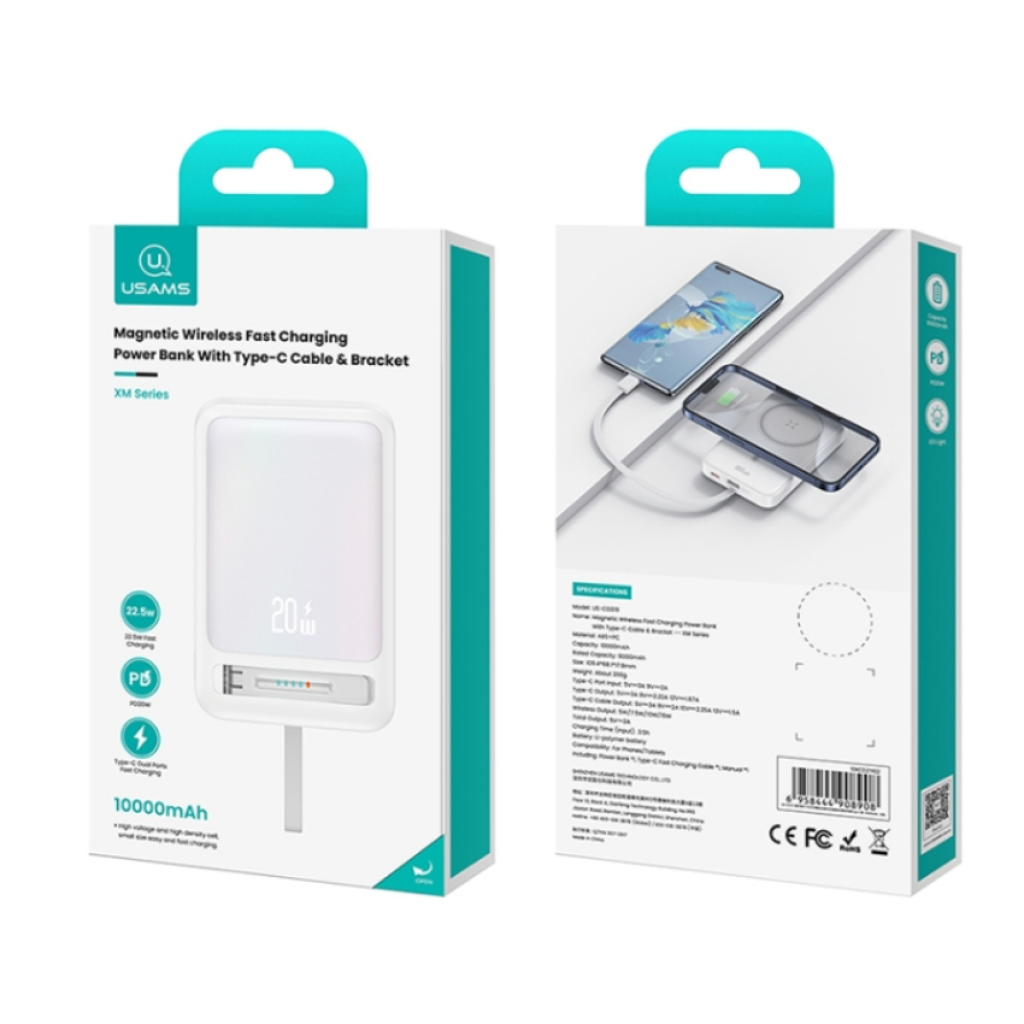 Power Bank Magnético con Soporte y Cable Tipo C 10.000mAh Negro USAMS CD219