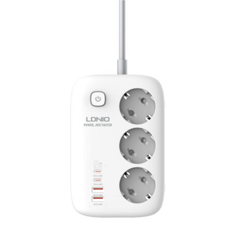 Adaptador Multifunción 65W 2 QC3.0+2 USB C PD+3 Enchufes Carga Rápida Blanco LDNIO SE3436