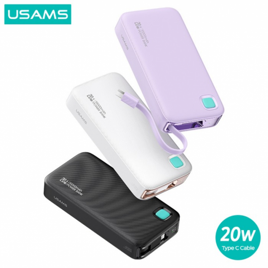 Power Bank USAMS CD225 10000mAh - Carga Rápida 20W con Cable Retráctil Lightning